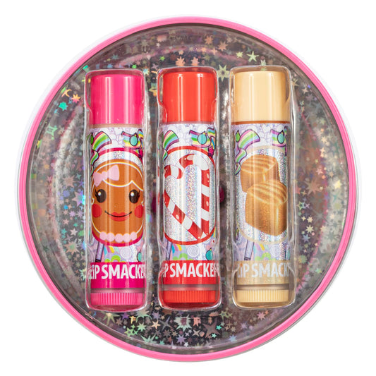 Lip Smacker Original & Best Christmas Flavored Lip Balm Tin Trio Gingerbread, Caramel, Candy Cane, 3 Pack