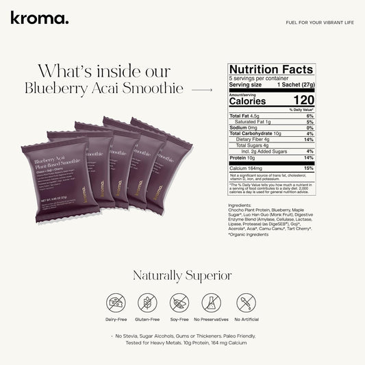 Kroma Blueberry Acai Plant Based Smoothie Mix, Gluten Free, Vegan Protein Powder, Provides Vital Energy, Made with Camu Camu, Chocho Plant Protein, Blueberries, & Other Organic Ingredients - 5 Packets