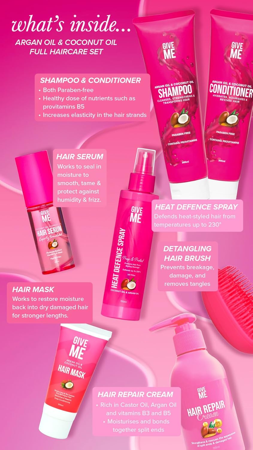 Give Me Cosmetics, Shampoo And Conditioner Sets, With Hair Mask, Heat Defence Spray, Repair Cream, Serum, Detangle Hairbrush, Argan & Coconut Oil, Paraben Free, Haircare Gift Set