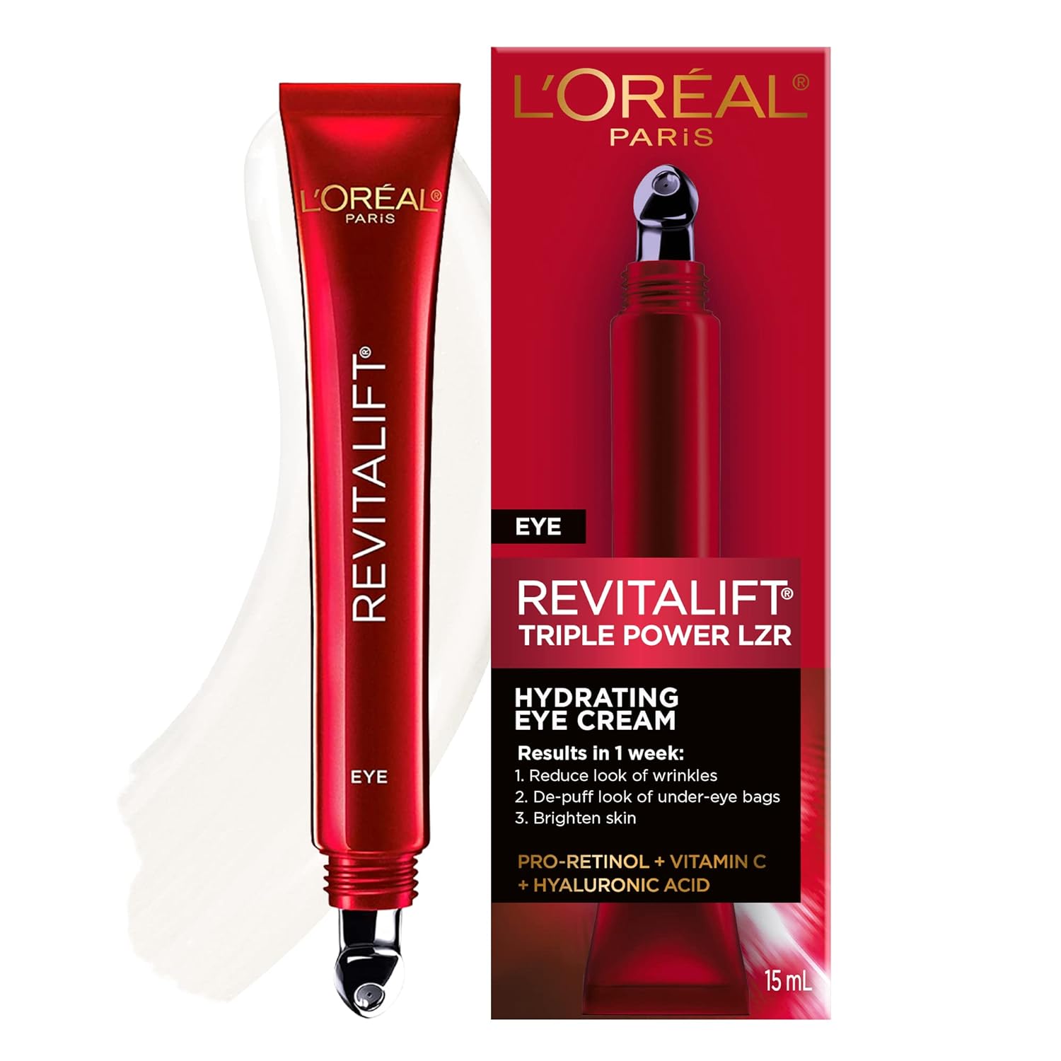 L'Oreal Paris Revitalift Triple Power Anti-Aging Eye Cream Treatment, With Pro Retinol, Hyaluronic Acid & Vitamin C To Reduce Wrinkles, De-Puff And Brighten Skin, 0.5 Fl. Oz