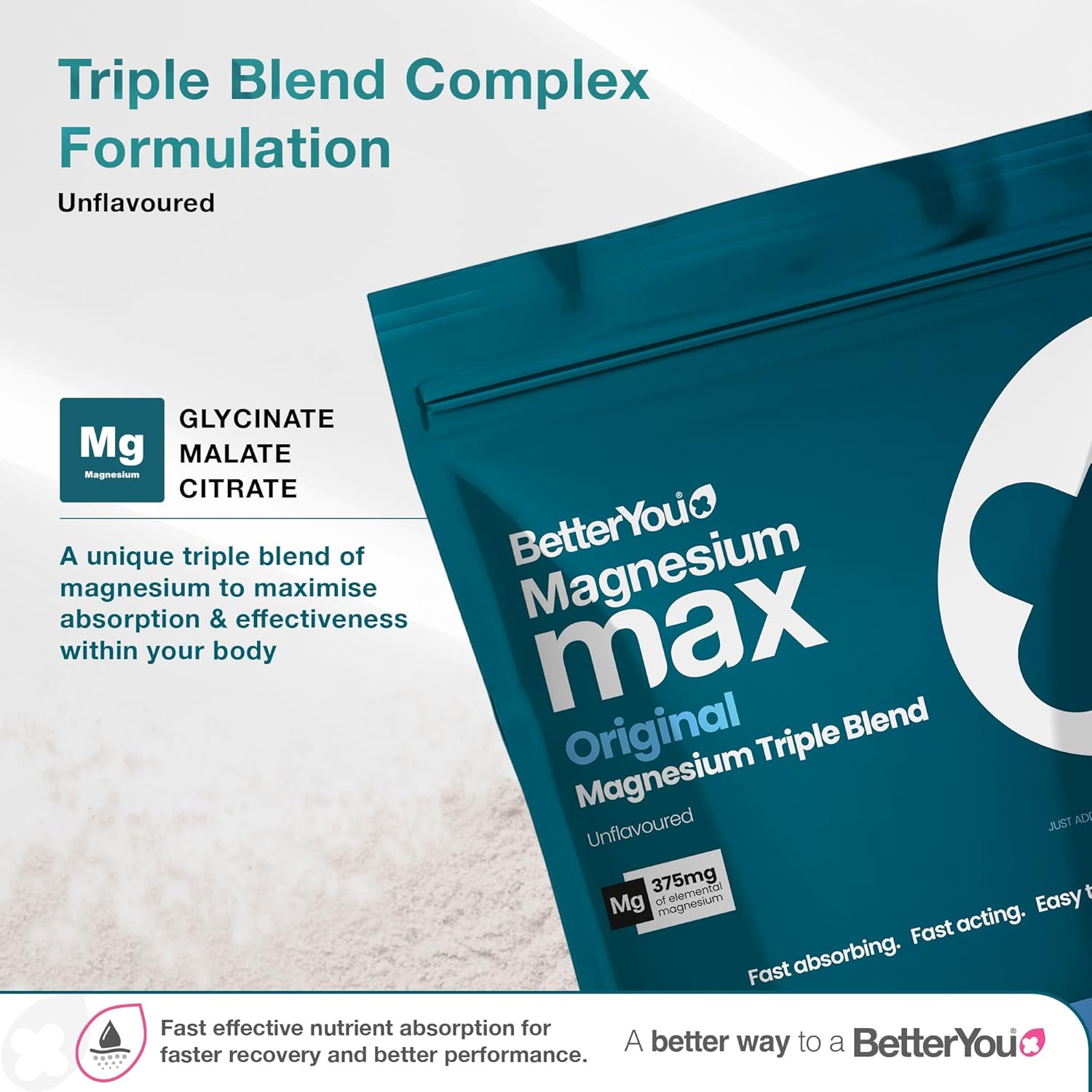 BetterYou Magnesium Glycinate, Citrate & Malate Supplement | 1942mg Magnesium Max Powder - Unflavoured, 3-in-1 Powder 375mg Elemental Absorbtion, Fast Absorbing, Fast Acting & Easy to Use : Amazon.co.uk: Health & Personal Care
