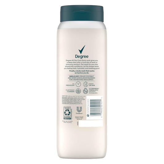 Degree All Day Fresh Body Wash Fresh Coconut Deep Cleansing 20 Oz