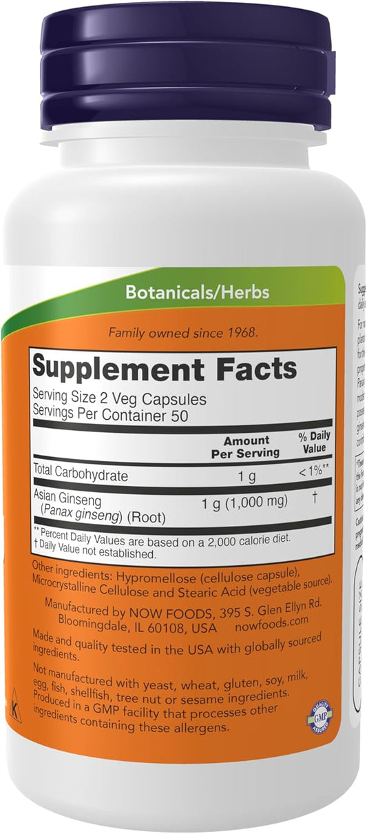 Now Foods Supplements, Panax Ginseng (Root) 500 Mg, Adaptogenic Herb*, 100 Veg Capsules