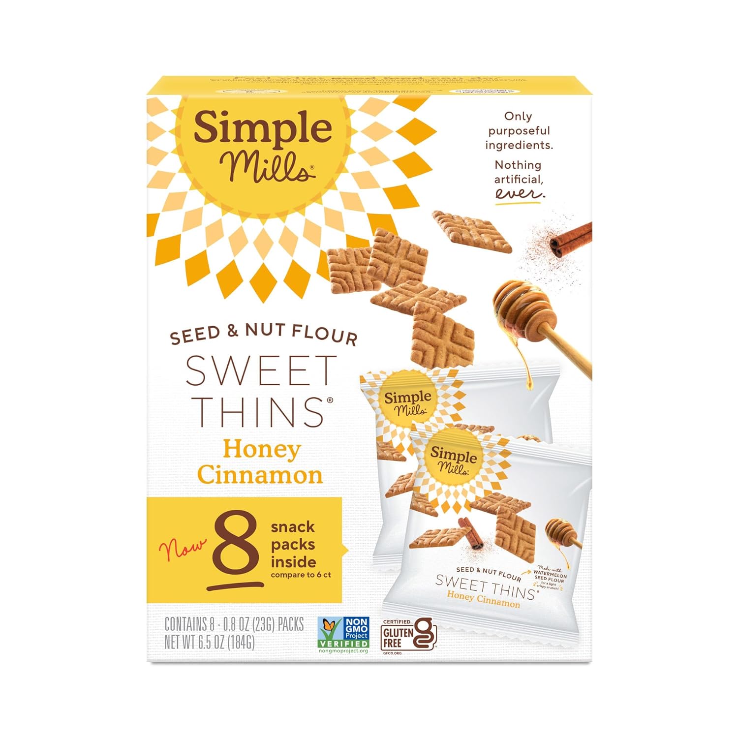 Simple Mills Snack Packs Honey Cinnamon Seed & Nut Flour Sweet Thins, Paleo Friendly & Delicious Sweet Thin Cookies, Good for Snacks, Nutrient Dense, 8 Pack (Pack of 1)