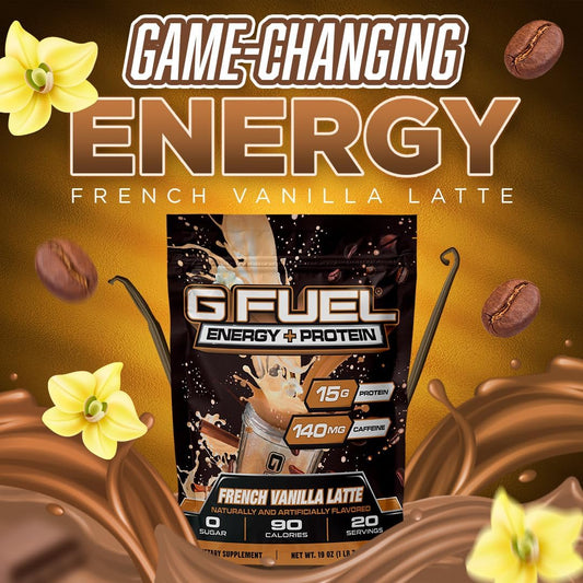 G Fuel Energy + Protein Powder Mix, French Vanilla Latte Flavor, Sugar Free, Clean Caffeine Focus Supplement, Metabolism Support, Focus Nootropics, Vitamin + Antioxidant Blend, 19 Oz (20 Servings)