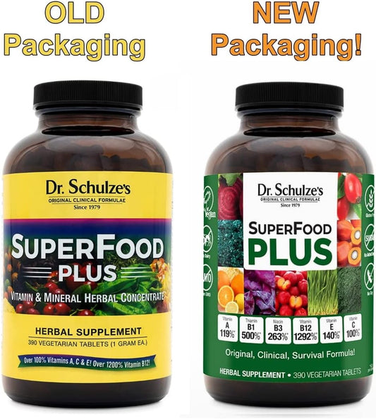 Dr. Schulze's SuperFood Plus | Vitamin & Mineral Herbal Concentrate | Daily Nutrition & Increased Energy | Gluten-Free & Non-GMO | Vegan | 390 Tabs | Packaging May Vary