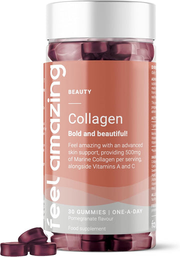 Feel Amazing Collagen Gummies With Vitamins A & C - 500Mg Of Marine Collagen Per Serving - Advanced Skin Support - 30 Gummies - 1 Month Supply