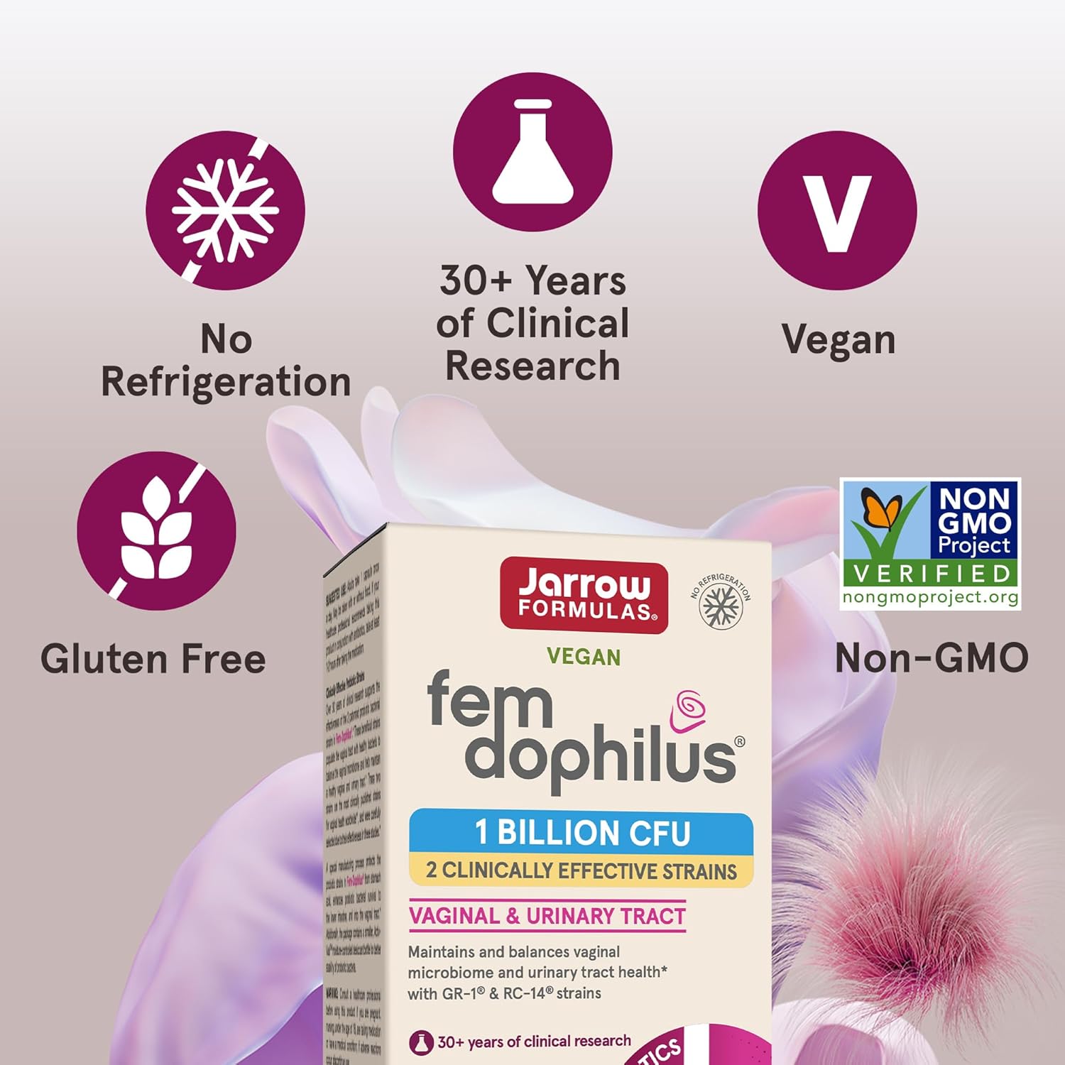 Jarrow Formulas Fem-Dophilus Vaginal Probiotics 1 Billion Cfu With 2 Science-Backed Strains, Dietary Supplement For Vaginal & Urinary Tract Support, 60 Capsules, Up To A 60 Day Supply, Shelf-Stable : Health & Household