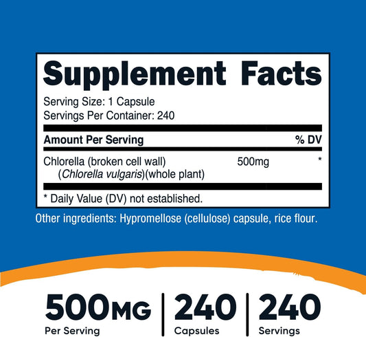 Nutricost Chlorella Capsules 500Mg, 240 Vegetarian Capsules - Non-Gmo And Gluten Free