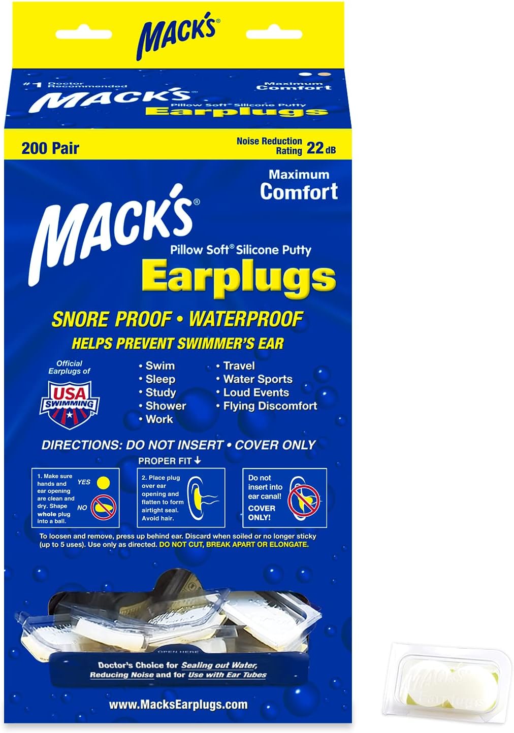 Mack's Pillow Soft Silicone Earplugs - 200 Pair Dispenser - The Original Moldable Silicone Putty Ear Plugs for Sleeping, Snoring, Swimming, Travel, Concerts and Studying | Made in USA