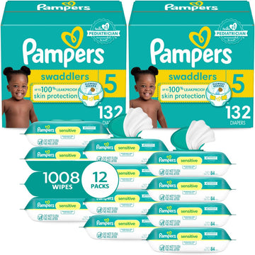 Pampers Swaddlers Disposable Baby Diapers Size 5, 2 Month Supply (2 X 132 Count) With Sensitive Water Based Baby Wipes 12X Multi Pack Pop-Top And Refill (1008 Count)