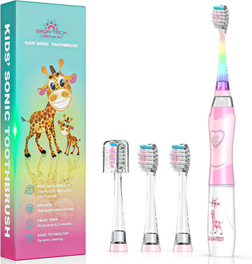 DADA-TECH Kids Electric Toothbrush Toddler Sonic Battery Powered Rainbow Light Up Vibrating Tooth Brush with 2 Minutes Timer for Children Boys Girls Ages 2+ Years Old, 4 Soft Brush Heads (Pink)