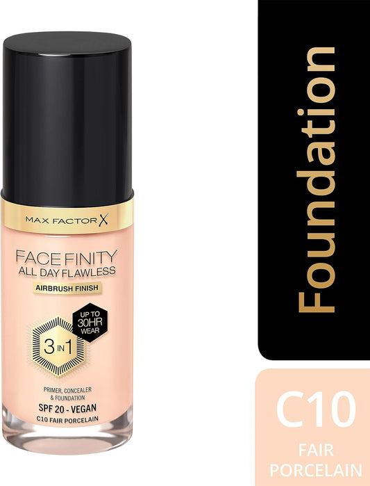 Max Factor Facefinity 3-In-1 All Day Flawless Liquid Foundation, Spf 20-10 Fair Porcelain, 30 Ml