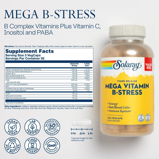 SOLARAY Mega Vitamin B-Stress, Two-Stage Timed-Release | Specially Formulated w/B Complex Vitamins for Stress Support | Non-GMO | Vegan (120 CT) (276 CT)