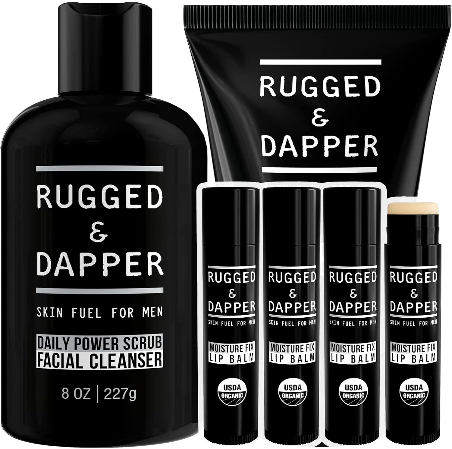 RUGGED & DAPPER - Age + Damage Defense Face Moisturizer, Daily Power Scrub Facial Cleanser & Moisture Fix Lip Balm