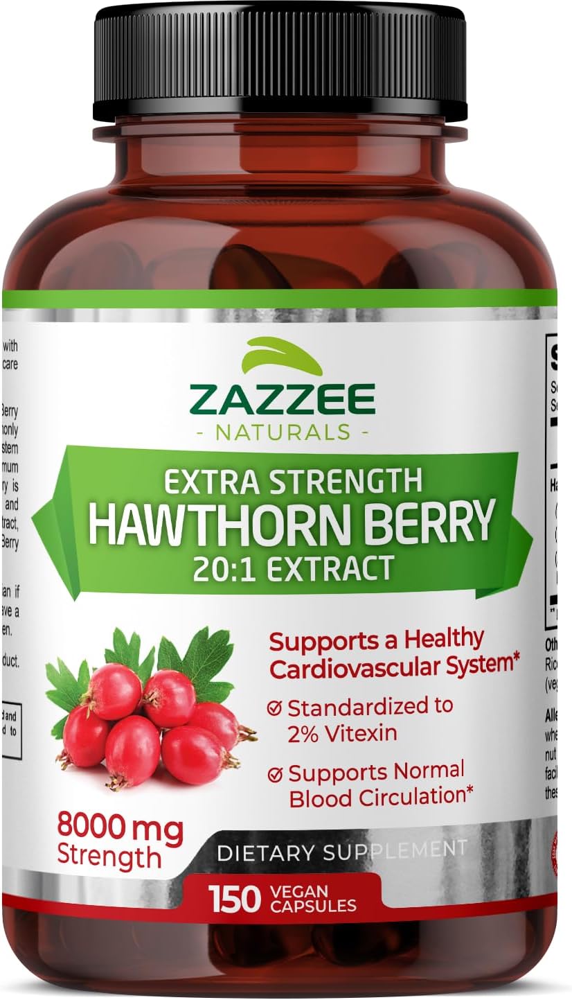 Zazzee Extra Strength Hawthorn Berry 20:1 Extract, 8000 Mg Strength, 2% Vitexin, 150 Vegan Capsules, 5 Month Supply, Concentrated And Standardized Potent 20X Extract, Non-Gmo And All-Natural