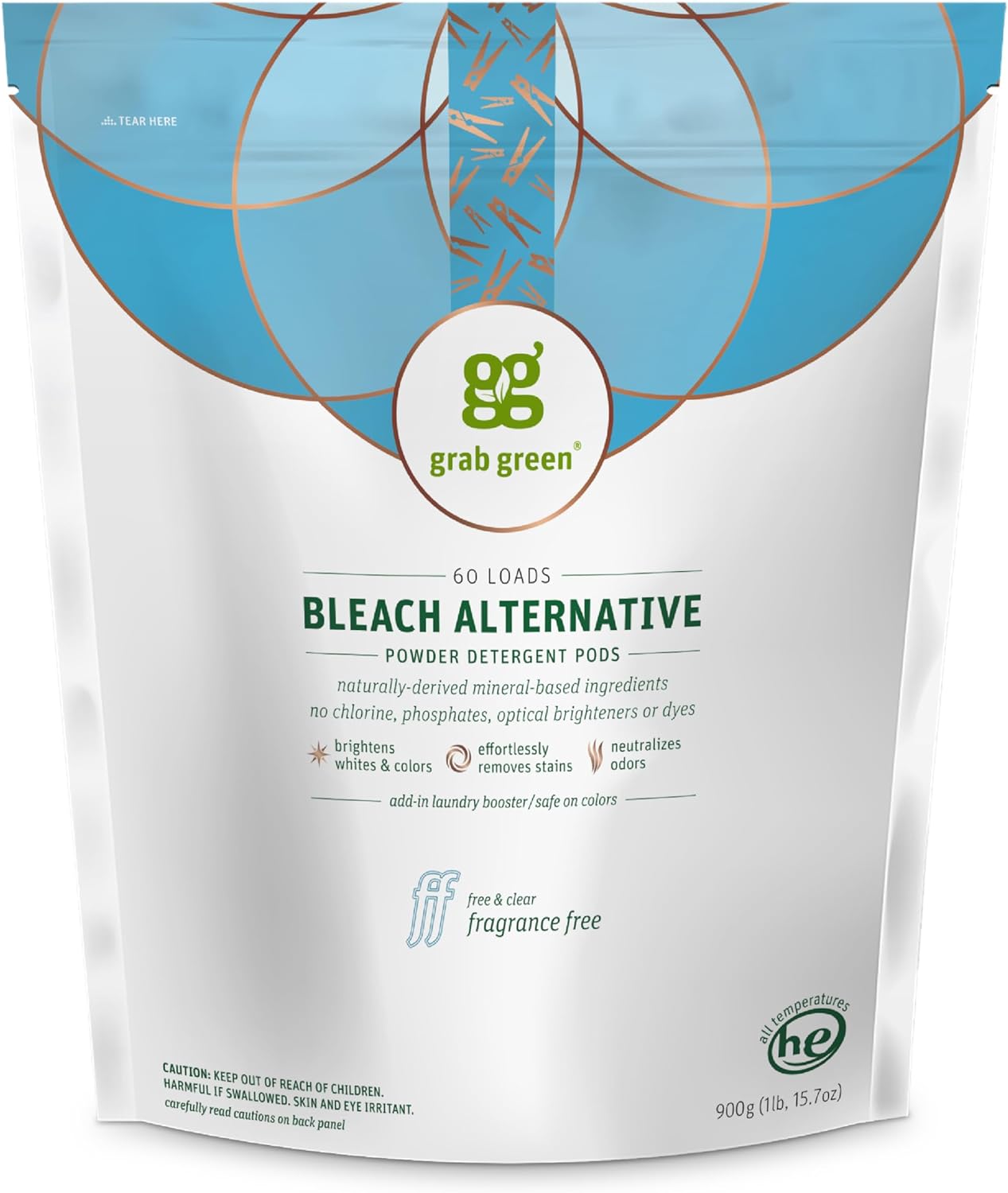 Grab Green Bleach Alternative Pods, 60 Count, Chlorine Free, Fragrance Free, Plant and Mineral Based, Laundry Booster to Brighten Whites, Removes Stains, Neutralizes Odors