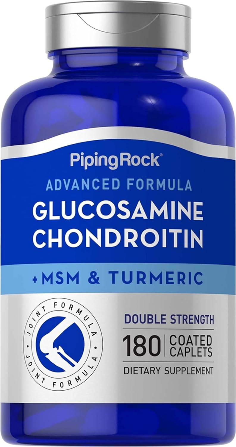 Piping Rock Glucosamine Chondroitin MSM Plus Turmeric | 180 Coated Caplets | Advanced Double Strength | Non-GMO, Gluten Free