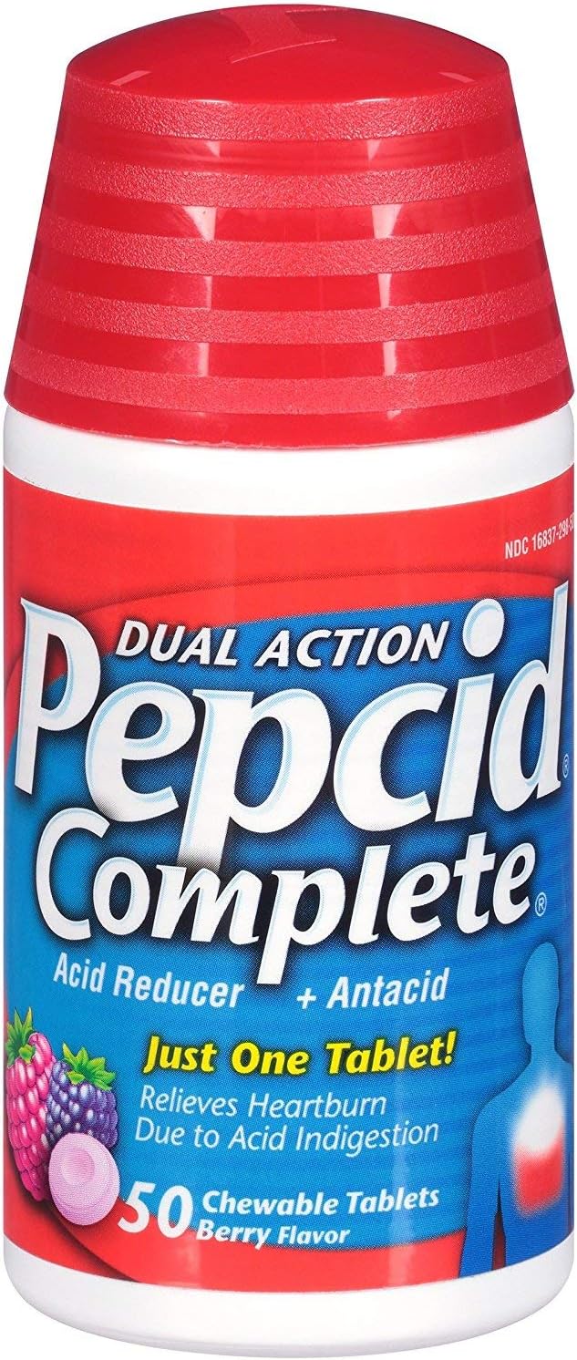Pepcid Complete Acid Reducer + Antacid Chewables, 10Mg Famotidine, 800Mg Calcium Carbonate & 165Mg Magnesium Hydroxide Per Heartburn Medicine Tablet, Antacid Chews, Tropical Fruit, 25 Ct