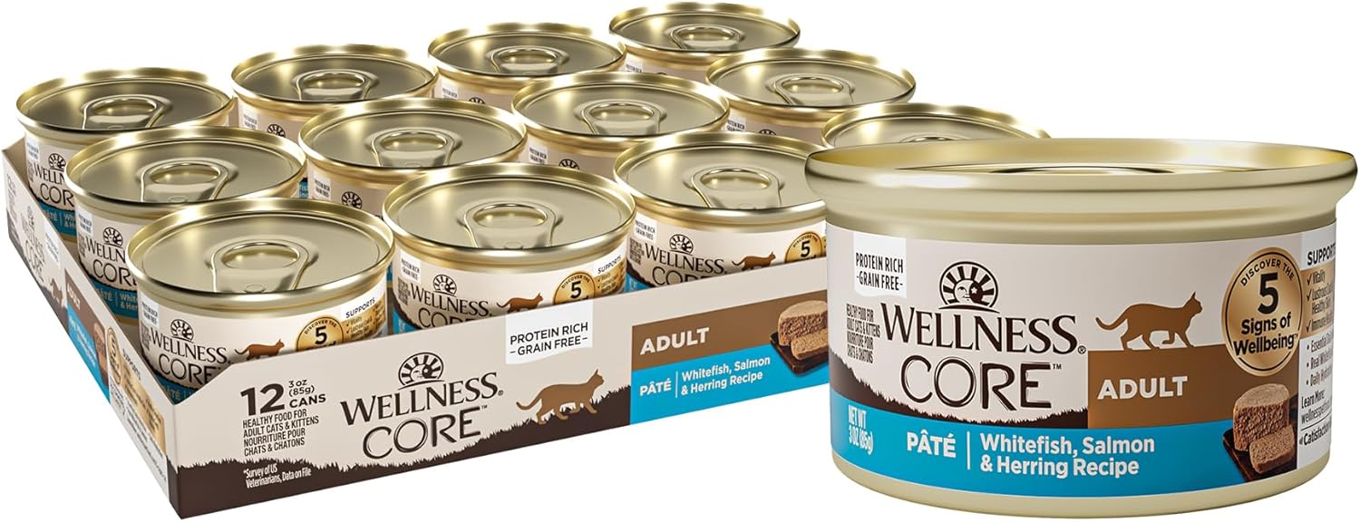 Wellness Core Grain-Free Wet Cat Food, Natural Canned Food For Cats, Made With Real Meat ,Whitefish, Salmon & Herring, 3 Oz Cans (Pack Of 12)