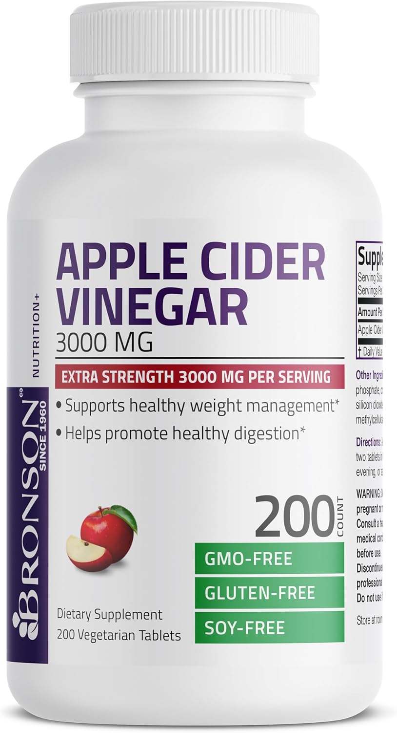 Bronson Apple Cider Vinegar 3000 MG per Serving Extra Strength - Non-GMO, 200 Vegetarian Tablets