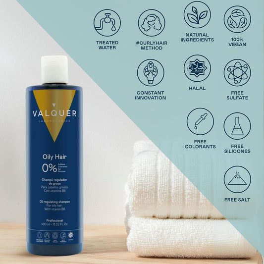 Valquer Shampoo For Oily Hair Specially Indicated To Self-Regulate Hair Oiliness. Formulated With Buchú Leaves, Vitamin E & Panthenol. Zero% Sulfates & Salt. - 400Ml