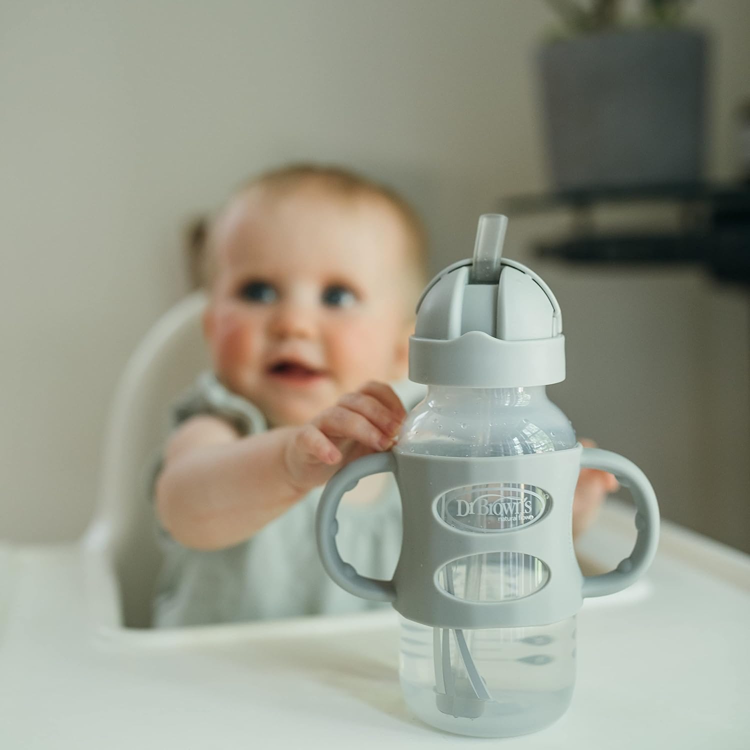 Dr. Brown's Milestones Wide-Neck Sippy Straw Bottle with 100% Silicone Handles and Weighted Straw, 9 oz/270 mL, Gray & Blue, 6m+ : Baby