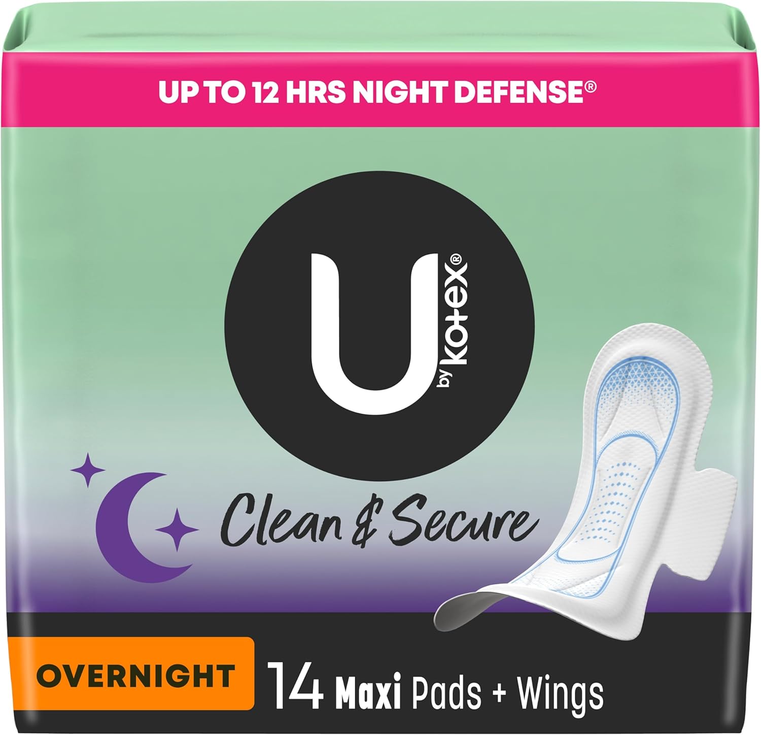 U By Kotex Maxi Pads With Wings, Clean & Secure, Overnight Absorbency, 14 Count (Packaging May Vary)