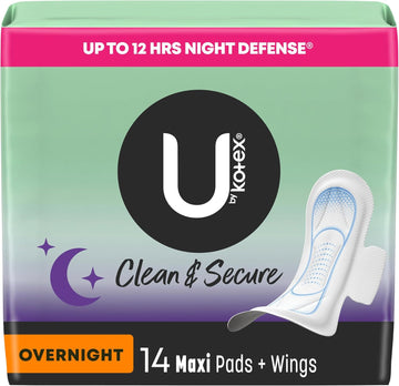 U By Kotex Maxi Pads With Wings, Clean & Secure, Overnight Absorbency, 14 Count (Packaging May Vary)