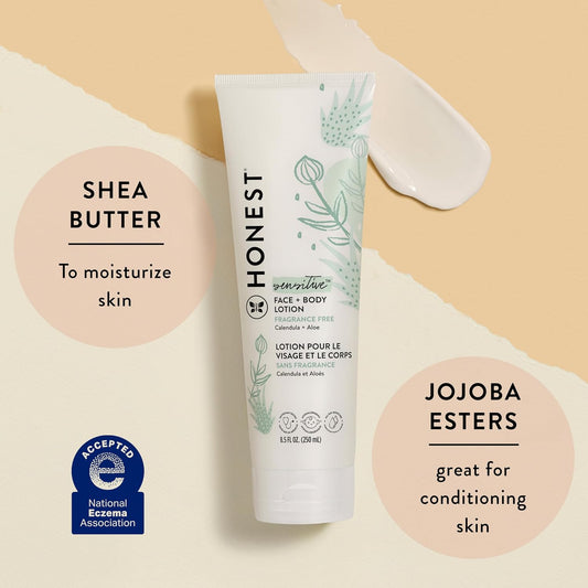 The Honest Company Hydrating Face + Body Lotion | Fast Absorbing, Naturally Derived, Hypoallergenic | Fragrance Free Sensitive, 8.5 Fl Oz