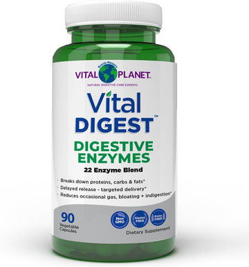 Vital Planet – Vital Digest Natural Digestive Enzymes Supports Breakdown Of Proteins, Fats, And Carbohydrates And Reduces Occasional Gas, Bloating And Indigestion 90 Capsules (Packaging May Vary)