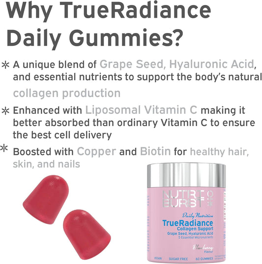 Nutriburst - Trueradiance Collagen Support Multipack For Healthy Hair, Skin & Nails - Biotin (100µg), Hyaluronic Acid (50Mg), Vitamin A (400µg) + Vitamin C (80Mg) - 3 X 60 Gummies / 3 Month Supply