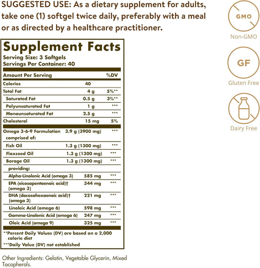 Solgar Omega 3-6-9 Softgels - Pack of 120 - Blend of Premium Fish, Flax and Borage Oils – Specially formulated ratio - Molecularly distilled to remove mercury, PCBs and heavy metal contaminants