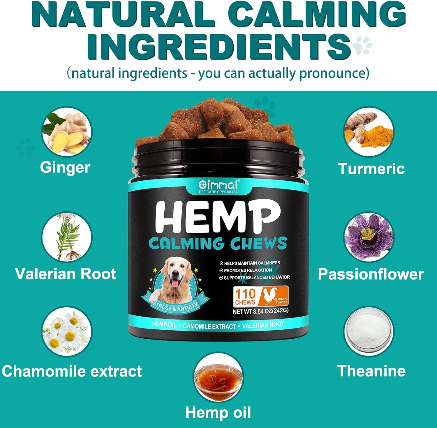 Hualijia Calming Treats For Dogs, 110 Count Hemp Calming Chews For Dogs - Reduce Stress Relief, Separation, Barking, Fireworks, Thunderstorms - 100% Natural Ingredients Dogs Calming Treats (Duck)