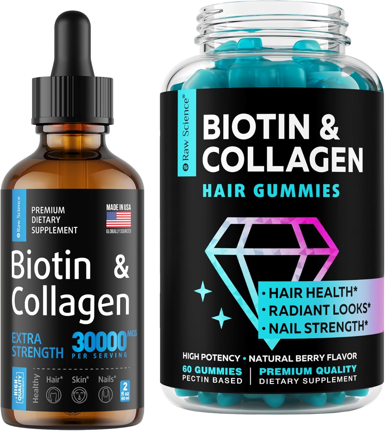 S Raw Science Beauty Boost - Vitamins For Healthy Hair, Skin And Nails - Biotin & Collagen Drops 30000Mcg 2Oz And Hair Growth Gummies 60Pcs