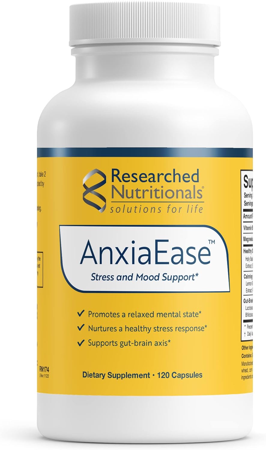 Researched Nutritionals Anxiaease - Stress, Cortisol Management & Mood Support Supplement - Botanicals, Vitamin B6, Magnesium & 'Psychobiotic' Probiotic Strains (120 Capsules)