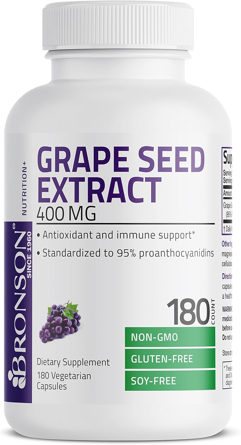 Bronson Grape Seed Extract 400 mg - Antioxidant & Immune Support - Standardized Extract with 95% Proanthocyanidins- Non GMO, 180 Vegetarian Capsules : Health & Household