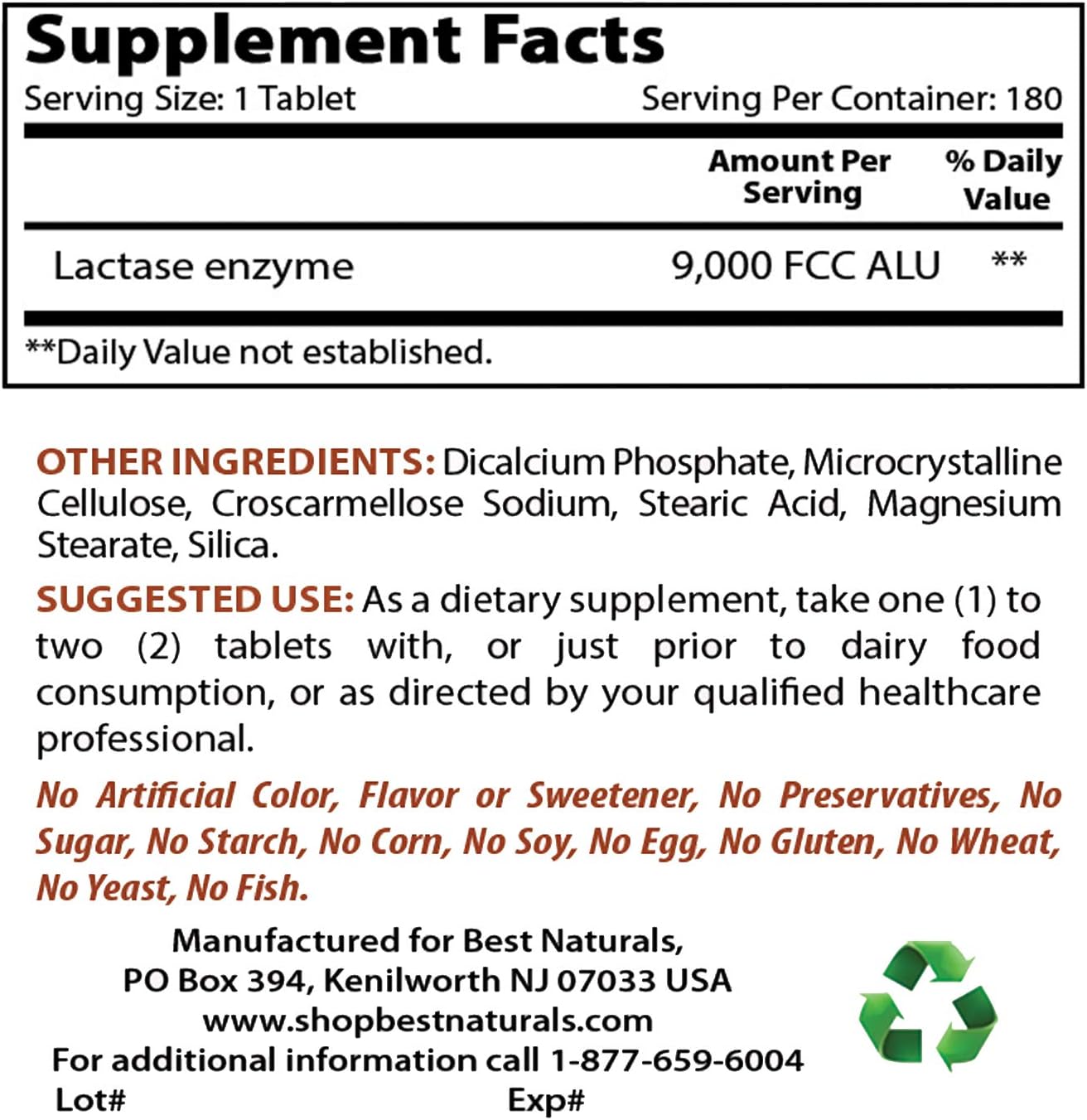 Best Naturals Lactose Intolerance Relief Tablets with Natural Lactase Enzyme, Fast Acting High Potency Lactase, 9000 FCC ALU, 180 Count