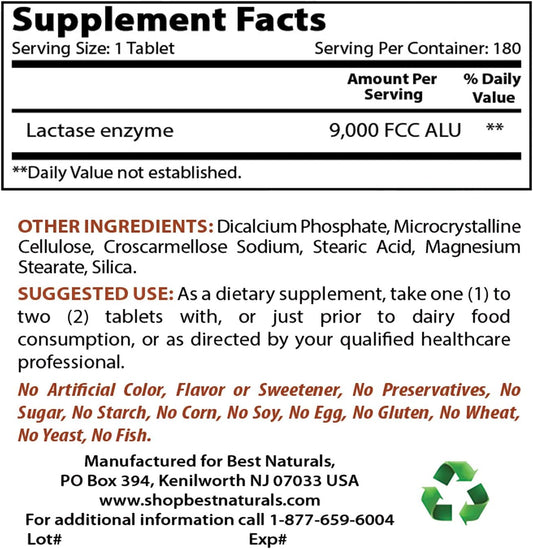 Best Naturals Lactose Intolerance Relief Tablets with Natural Lactase Enzyme, Fast Acting High Potency Lactase, 9000 FCC ALU, 180 Count