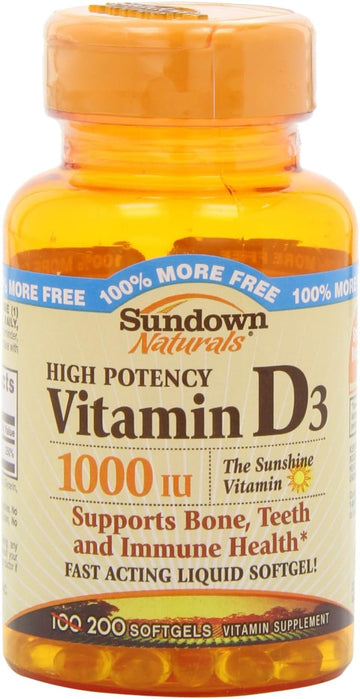 Sundown High Potency Vitamin D3, 1000 IU, 200 Softgels (Pack of 4)