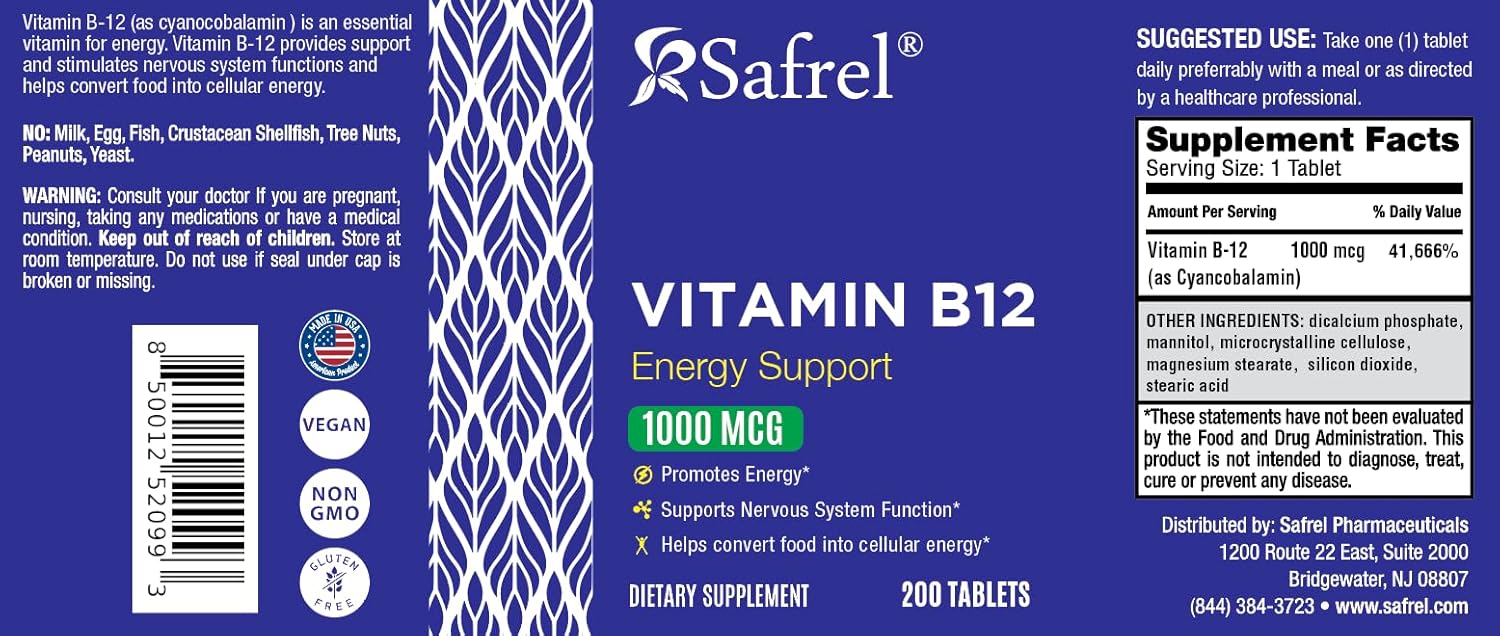 Safrel Vitamin B12 1000 Mcg Per Tablet, 200 Days Supply, Provides Energy, Metabolism And Nervous System Health Support | Vegan, Gluten Free And Dye Free | Made In Usa