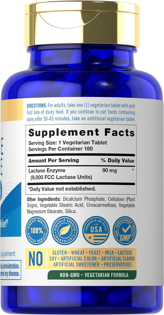 Carlyle Fast Acting Lactase Enzyme Pills | 9000 Fcc | 180 Tablets | Dairy Relief Supplement | Max Strength Support | Non-Gmo, Gluten Free Supplement