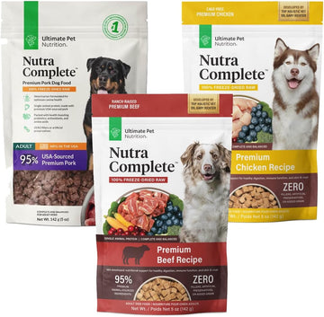 Ultimate Pet Nutrition Nutra Complete Raw Freeze Dried Dog Food, Veterinarian Formulated With Antioxidants, Prebiotics & Amino Acids, 5Oz Flavor Bundle