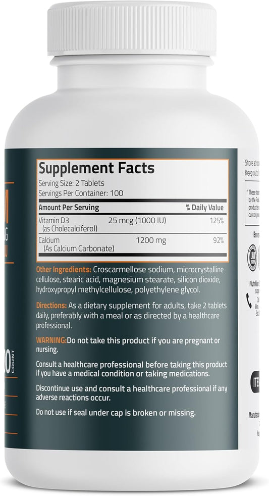 Bronson Calcium 1200Mg Per Serving Plus Vitamin D3 1000 Iu High Potency Formula, Non-Gmo, 200 Tablets