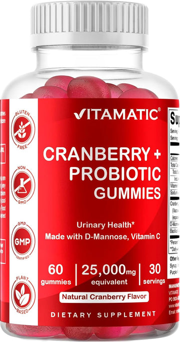 Vitamatic Vegan Cranberry Gummies with D-Mannose, Probiotic & Vitamin C for Women Urinary Tract Health - 25000 mg Equivalent per Serving - 60 Count - (Non-GMO, Gluten Free)