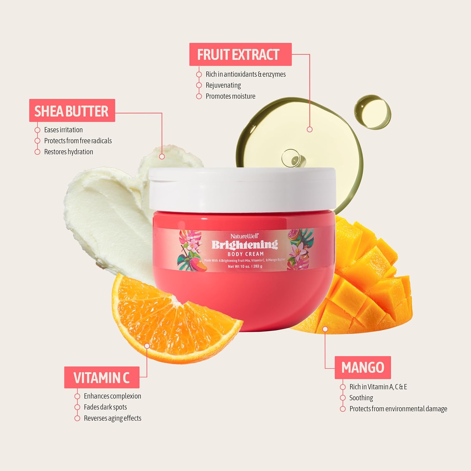 Nature Well Brightening Body Cream, Infused With Radiance-Boosting Antioxidant-Rich Vitamin C & Ultra-Hydrating Mango Butter, Refreshing Scent & Fast-Absorbing Luminous Finish, 10 Oz : Beauty & Personal Care