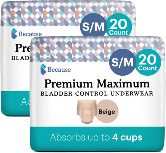 Because Premium Maximum Plus Adult Incontinence And Postpartum Bladder Leak Underwear For Women, Maximum Absorbency, Disposable, Beige, Small/Medium, 40 Count (2 Packs Of 20)