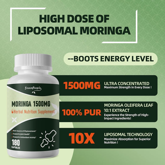 Liposomal Moringa Capsules 1500Mg - 98% High Absorption Pure Moringa Powder Supplement 2.0 - Natural Superfood For Immune/Gut/Energy/Skin Non - Gmo/Gmp 180Pcs Vegan