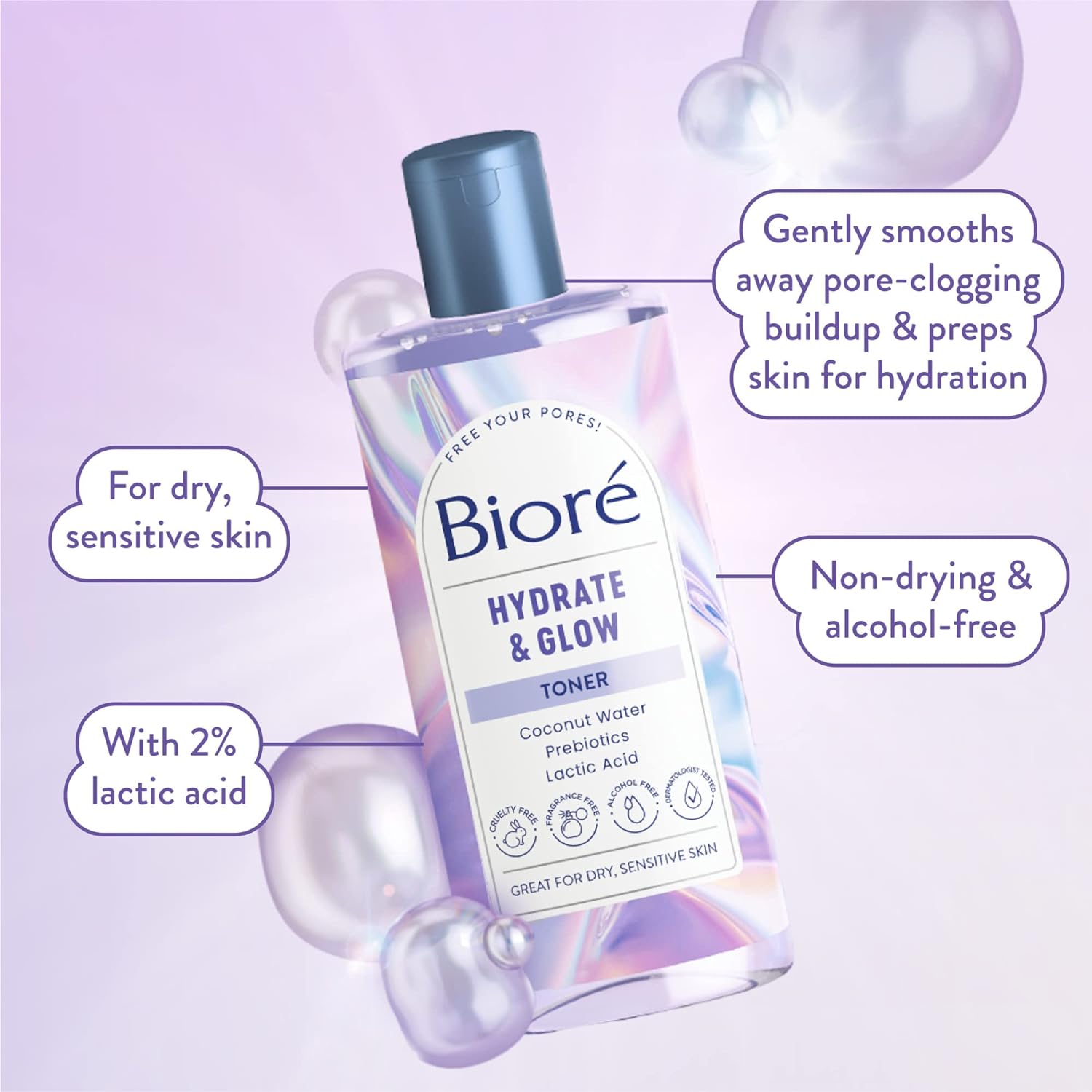 Bioré Hydrate & Glow 2% Lactic Acid and Malic Acid, Alcohol Free Toner, Exfoliating Face Toner for Dry, Sensitive Skin with Coconut Water, Dermatologist Tested, Fragrance Free, 8 Oz Bottle : Beauty & Personal Care