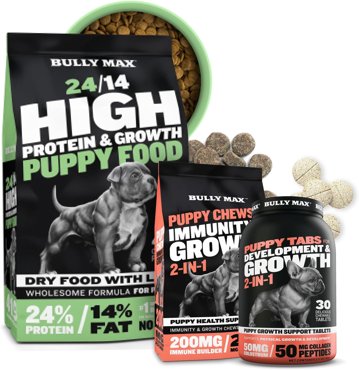 Bully Max Complete Puppy Starter Kit - High Protein 5Lbs Food, Immunity 75 Pcs Chews & Puppy Vitamins 30 Tabs Bundle - Optimal Growth & Development For All Breeds, Small Dogs, Large Breed Pups
